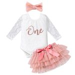 Baby Girl 1st Birthday Photo Shooting Outfit Floral Lace Long Sleeve Romper Bodysuit Princess Tutu Tulle Skirt Bowknot Headband 3pcs Clothes Set One Year Old Party Photo Props Dusty Pink 9-12M