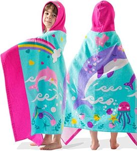 VOOVA & MOVAS Kids Hooded Beach Towels (3-10Years) | 100% Cotton | Large Soft Thick Absorbent Wrap Blanket | Ideal for Beach, Pool, Bath | Pink Whale