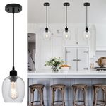 FORCOSO Industrial Glass Pendant Light - Pendant Lights Ceiling with Striped Clear Glass Lampshade, Adjustable Height Hanging Lights for Kitchen Island Living Room Dining Room Hallway (ø14CM)