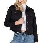 NOROZE Women's Denim Jacket Cropped Denim Jacket Women Ripped Self Fabric Distressed Hem Casual Jean Coat (14, Black)