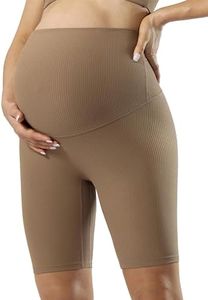 POSHDIVAH Ribbed Maternity Biker Shorts Over The Belly for Women - 8" Buttery Soft Pregnancy Workout Athletic Short Leggings, Brown Small