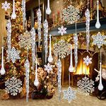 JK-GMTE 72Packs Clear Acrylic Christmas Snowflake Icicles Hanging Icicle Drop with Crystal Line Ornaments Set for New Year Party Christmas Tree Decorations (72, Transparent)