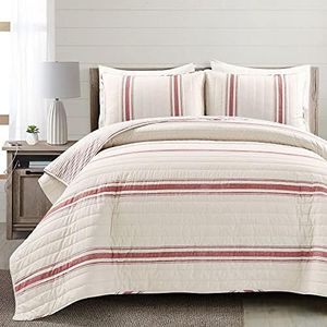 Lush Decor Farmhouse Stripe Reversible Cotton Quilt California King Size 3 Piece Set Red - Farmhouse Bedding Set - Cal King Quilt - Striped Bedding