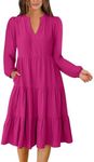 ANRABESS Long Sleeve Dress for Women V Neck 2025 Spring Fashion Casual Loose Fit Flowy Swing Tiered Vacation Dresses Hot Pink Large