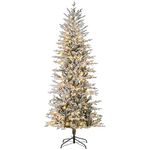 HOMCOM 7ft Tall Prelit Artificial Christmas Tree Xmas Tree with 850 Snow Flocked Branches, 350 Warm Yellow Clear Lights, Auto Open, Extra Bulb