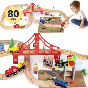 TOY Life Wooden Train Set 80pcs - Wood Train Set for Boys & Girls with Crane Wood Tracks Fits Thomas Brio Melisa Chugginton Train Track Set Wooden Railway - Toddler Boy Toy Train Set Boys Train Set 3+