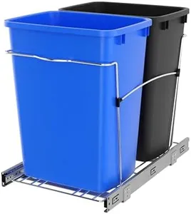 Rev-A-Shelf Double Pullout Trash Cans for Kitchen Cabinets 35 Quart Garbage Recycling Bin on Full Slides, Blue/Black, RV-18KD-2218C-S