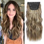 20" Hair Extensions Clip in Ash Brown to Bleach Blonde Hair Extensions 4Pcs Synthetic Hairpieces for Woman Ombre Hair Extension Curly Wavy Hair Pieces For Full Head