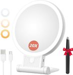 Auxmir 20X Magnifying Mirror, Double Sided 1X /20X Makeup Mirror with Light, Folding Lighted Rechargeable Beauty for Travel, Rotating 3 Color Lights, Dimmable Touch Screen