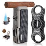 All-in-one Cigar Lighter with V Cigar Cutter, Built-in Cigar Punch, Cigar Holder, Quad Windproof Jet Flame, 4 in 1 Refillable Torch Lighter Set with Gift Box, Cool lighters for Smoking, Birthday