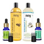 Rey Naturals Tea Tree Oil, Rosemary Oil, Coconut Oil, Castor Oil For Hair Growth, Dandruff & Hairfall Control, Acne, Dark Spots (15ml*2+200ml*2), Cold Pressed Oil For Skin & Hair Care, Herbal Hair Oil