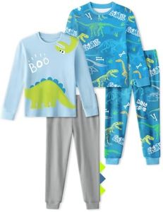 Yoofoss Toddler Pajamas 100% Organic Cotton 4 Piece Long Sleeve Fall Pajama Set Kids Pajamas for Boys Girls Snug Fit Pjs Set, Blue Grey Dinosaur, 4T