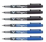 Pilot Pens V Sign Felt Tipped fineliner Liquid Ink Pen, Bold Point, Black & Blue Bundle, 6 Pen