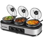 Triple Slow Cooker with Non-Skid Feet, 3×1.5 QT Slow Cooker Buffet Server, 3 Pots Food Warmer Adjustable Temp Lid Rests Stainless Steel Manual Silver for Parties Holidays Families