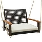 Tangkula 1-Person Rattan Porch Swing with Cushion, Outdoor Single Swing Chair Bench with Acacia Wood Armrests and Hanging Hemp Ropes, Bench Swing for Porch, Yard, Balcony, Tree (Off White)