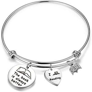 Book Lover Bracelet Literary Jewelry The Book is Always Better I Love Reading Charm Bangle Writers Author Student Librarian Gift (Book Lover Bracelet)