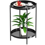 Ovicar Round Side Table - 2 Tiers End Table Metal Coffee Table Small Sofa Side Table Outdoor Indoor Accent Table Nightstand Waterproof Removable Tray Table for Living Room Bedroom Balcony (Black)