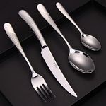 DAFFODILY Luxury Cutlery Set 16 Piece 18/10 Stainless Steel Cutlery Set for 4 with 2-in-1 Steak Knives, Dishwasher Safe, Mirror Finished, Elegant Gift Box Included. (Silver - 16 PC)