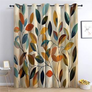 Rideau Occultant Thermique Feuilles Vintage Abstraites L140 x H245 cm Rideau Occultant Opaque imprimés en 3D, Rideau à Oeillets Lot de 2 Rideau Occultants Isolant Rideau Chambre Enfant