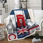 London Fleece Blanket Romantic City Building Blanket for Teens Boys,Big Bent Throw Blanket United Kingdom Tower Bridge Bed Blanket Red Telephone Booth Union Jack Flag Sofa Decor 50"x60"