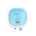 Havells Adonia Spin 10 Litre Storage Water Heater | Temp. Sensing LED Knob, Feroglass Coated Tank | Warranty: 7 Year on Tank, With Shock safe inline ELCB, Free Flexi Pipe & Installation | (White Blue)