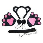 TSHAOUN Cat Costume Set Included Cat Ears Headband Bowtie Tail Cat Paw Gloves Animal Costume forFancy Dress Up Cat Cosplay Costume Halloween Accessories Birthday Party (Black)