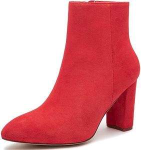 Jiu du Ankle Boots for Women Chunky Heel GoGo Boots Pointed Toe Side Zipper Dressy Go Go Short Booties, Red Velvet, 10