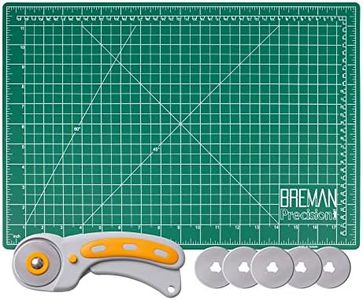WA Portman Self Healing Cutting Mat & Rotary Cutter for Fabric Set - 12x18 Inch Rotary Cutter Mat - 45mm Rotary Cutter & Mat - 5 Rotary Fabric Cutter Blades – Sewing Cutting Mat - Fabric Rotary Cutter
