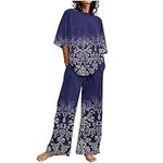 AEGJEGVD Two Piece Outfit Women Summer Linen Co Ord Sets Round Neck Short Sleeve Floral Printed Top and Elastic Straight Leg Trousers Wide Leg Pants Sets Homewear Tracksuit Holiday Sets 8-22