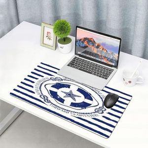 EYLOZS Tappetino Mouse Gaming,Grande Mouse Pad Confortevole,Lavabile,Emblema nautico bianco blu con salvagente e stelle marine su sfondo a strisc,Antiscivolo Tappetino Scrivania Supporto per,40x90 cm