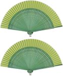 FoDau770 Classical Folding Fans, 2 Pieces Bamboo Handheld Fans, Green Silk Hand Fans for Cosplay, Dancing, Decoration, Party