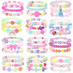 powerking Beaded Bracelets for Kids- 12 Pack 36 PC, Little Girl Plastic Bracelets, Flower Butterfly Pink Bracelet, Party Favor