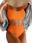 JJAI Womens High Waisted Bikini Set Ribbed Two Piece Bathing Suits Swimsuit Spaghetti Strap Swimwear Orange