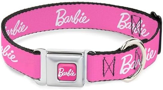 Mattel Easy Adjustable Metal Seatbelt Buckle Quick Release Dog Collar, Barbie Script Signature Logo Pink White, 15 to 24 Inches 1.0 Inch Wide