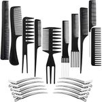 10 Pack Hair Stylists Styling Comb Set with 10 Pack Duck Bill Clips Salon Barber Anti-static Hair Combs Styling Comb set Hair Styling Comb with Silver Metal Clip