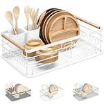 Navaris Dish Drainer Rack - Plate, Silverware, Pots and Pans Drying Rack for Kitchen with Beechwood Handles - Modern Retro Design Drip Tray - White
