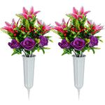 Artificial Cemetery Flowers for Grave, Set of 2 Artificial Flowers Bouquet Memorial Flowers with Vase for Outdoor Cemetery Headstones Graveyard Gravestone Decoration (Pink Lily&Purple Rose)