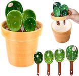 Ceramic Cactus Measuring Spoons Set in Pot Organizer, 5 Pieces Cute Measuring Cups and Spoons Set for Kitchen Dry Wet Measuring Liquid Food Salt and Sugar Kawaii Spoon with Base Cup (Green)