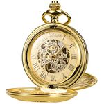 SIBOSUN -Gold Double Engraved Skeleton Dial Pocket Watch Vintage Mens Mechanical Pocket Watch Golden Movement with Box and Chains for Mens Women