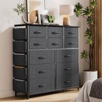 12 Dresser for Bedroom, Chest of Drawers for Bedroom with Side Pockets and Hooks, Fabric Storage Dresser, Sturdy Steel Frame, Wood Top, Easy Pull Handle (Gray)