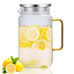 Luvan Large Glass Jug, 2L Water Pitcher with Stainless Steel Lid and V-Shaped Spout, Wide-Mouth Iced Tea Pitcher, Easy Clean High Heat Resistant Borosilicate Glass Jug