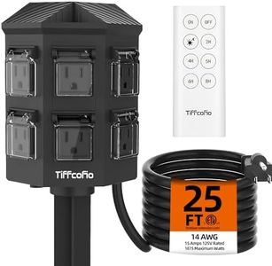 TiFFCOFiO Outdoor Power Stake with Timer, 25FT Extension Cord Waterproof,Remote Control Dusk to Dawn Sensor Light Timer, 6 Grounded Outlets for Outdoor Decorations, 14 AWG, 15A/1875W, ETL Listed