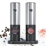 Electric Salt and Pepper Grinder Set, RIGHTWELL 2 PCS Adjustable Coarseness Pepper Grinder Mill with Storage Base and LED Light, Automatic Ceramic Core Salt Grinder for for Kitchen, BBQ, Camping,70ml