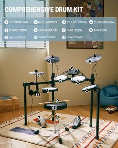 Donner DED-70 Kids Electric Drum Kit – 150 Sounds, Mesh Pads, USB MIDI, Cymbals, Pedals, Throne, Headphones, Sticks