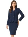 Allegra K Business 2 Piece Suit Set for Women's Long Sleeve Notched Lapel Peplum Blazer Pencil Skirts Navy M