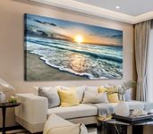 Ocean Beach Canvas Wall Art for Living Room Decor Large Sunset Waves Nature Canvas Pictures for Bedroom Wall Decor Framed Ready to Hang 50 x 100cm