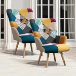 Zedachica Colorful Plaid Accent Chair, Upholstered Comfy Armchair with High Back, Linen Fabric Boho Patchwork Accent Chair with Solid Wood Legs for Living Room, Bedroom, Waiting Room, (Colorful, 2PCS)