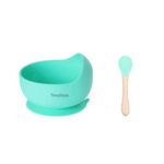 Tony Stark Silicone Unbreakable Baby Bowl & Wood Handle Spoon - Suction Design, Non-Slip, BPA Free, Dishwasher & Microwave Safe (Cyan, 1 Set)