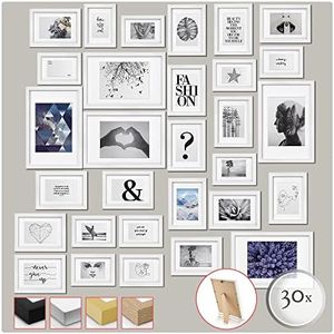 bomoe Set di 30 Cornici per foto Emotion 10x 10x15 cm, 15x 13x18 cm, 5x 20x30 cm - Per foto in diverse dimensioni - Bianco - Cornice foto multipla per Collage - cornici in legno da parete