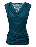 Zeagoo Womens Ruched Cowl Neck Tank Tops Sleeveless Stretch Blouse with Side Shirring Dark Cyan